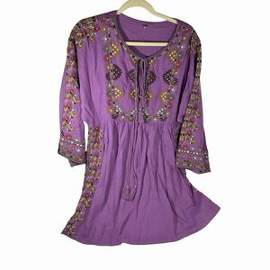 FREE PEOPLE Tunic Dress S/M Blouse Top Plum Purple Embroidered Swing Pockets